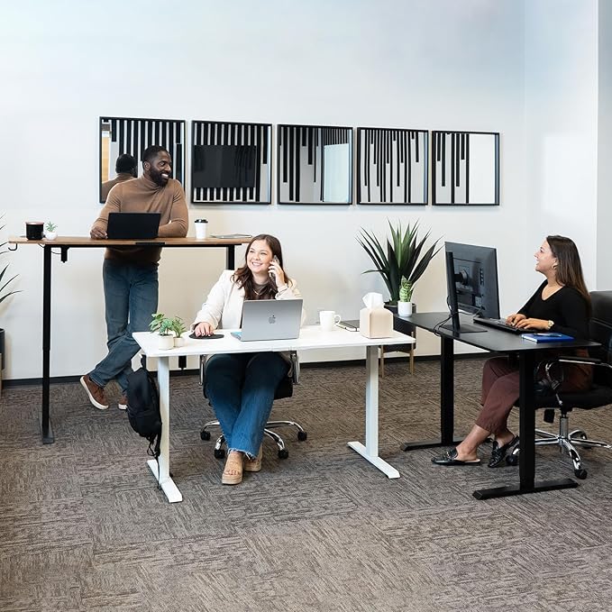 Veken 55 Inch, Height Adjustable Sit Stand Up, Wood Desktop, Work Home Office Computer PC Table, Tall Standup Workstation, Gaming Writing Study Bedroom Rising Desks, White