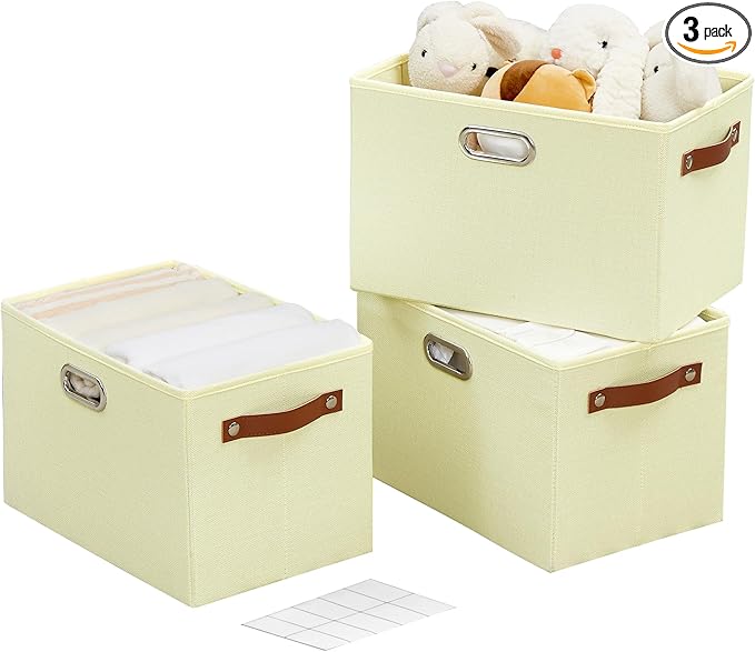 Large 3-Pack Foldable Fabric Storage Bins with Durable PU & Metal Handles , Collapsible Storage Baskets for Shelves, Home Storage, Closet Organizers, Living Room(14.9"x9.8"x9.8", Beige)