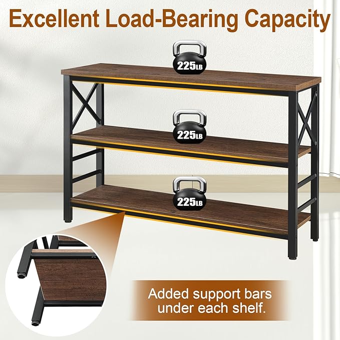 HOMBAZAAR Sofa Table,Industrial Console Table with Storage,Entryway Table with Engineered Wood and Metal,Rustic 3 Tier Shelf for Living Room,Hallway,Brown,47 Inch