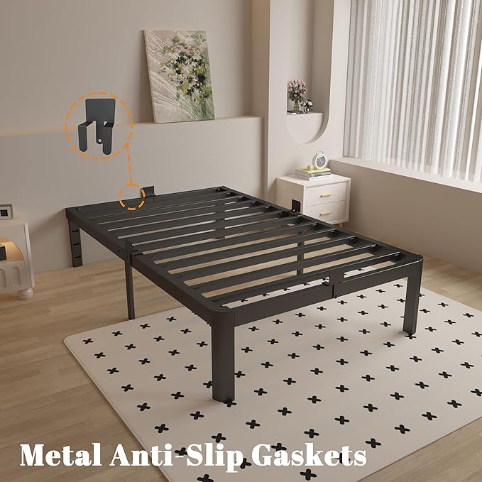 14 Inch Twin Bed Frames with Metal Gaskets, Black Bed Frame Twin Size No Box Spring Needed, Heavy Duty Steel Platform Supprt, Rounded Corner Legs, Reserved Holes, Noise Free, Easy Assembly