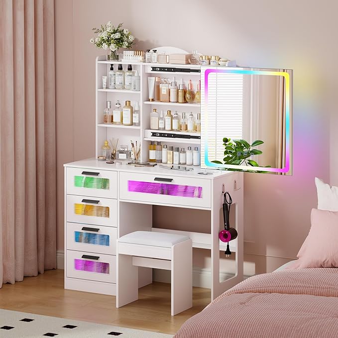 Vanity Desk with Sliding Vanity Mirror and RGB Lights,Makeup Vanity Desk with Charging Station,LED Vanity Table with Hidden Storage,Dressing Table Set with Stool&5 Drawers for Bedroom,White