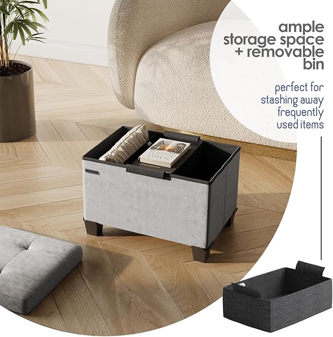 STORAGEBUD Storage Ottoman Cube with Small Bin, 16-in Square Ottoman with Storage for Living Room and Bedroom, Small Ottomans Foot Rest, Velvet Foot Stools Ottomans Max 330lbs, Light Grey