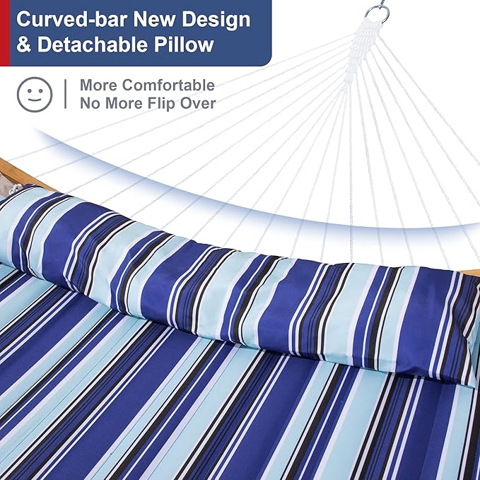 12 Ft Yard Hammock with Stand, 2 Person Hammock Freestanding with Curved Spreader Bar, Large Hammocks for Outside with Pillow and Portable Bag, Heavy Duty 450 lbs, Blue Stripes