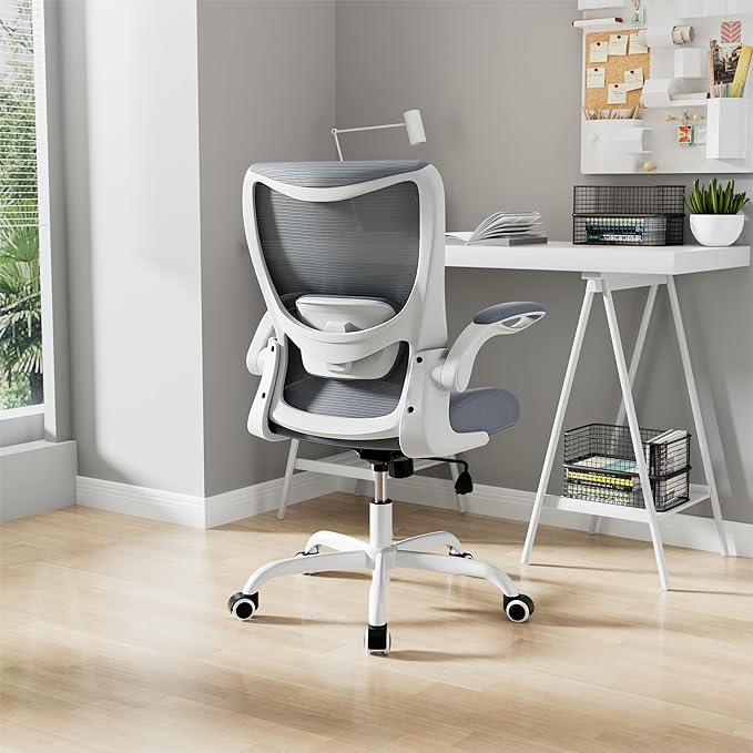 Office Chair, Ergonomic Desk Chair with Adjustable Lumbar Support and Flip up Armrest, Breathable Mesh Computer Chair for Home Office, Gray