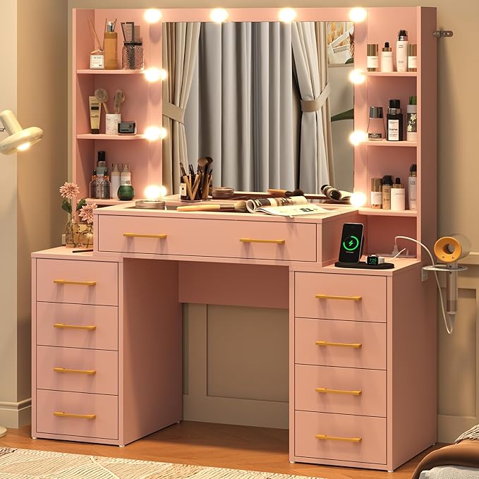 Glass Top Vanity Desk with Mirror and Lights, Large Vanity Makeup Mirror Desk with Charging Station Compartment Storage Drawers, Modern Makeup Vanity with 9 Drawers 6 Shelves, Pink