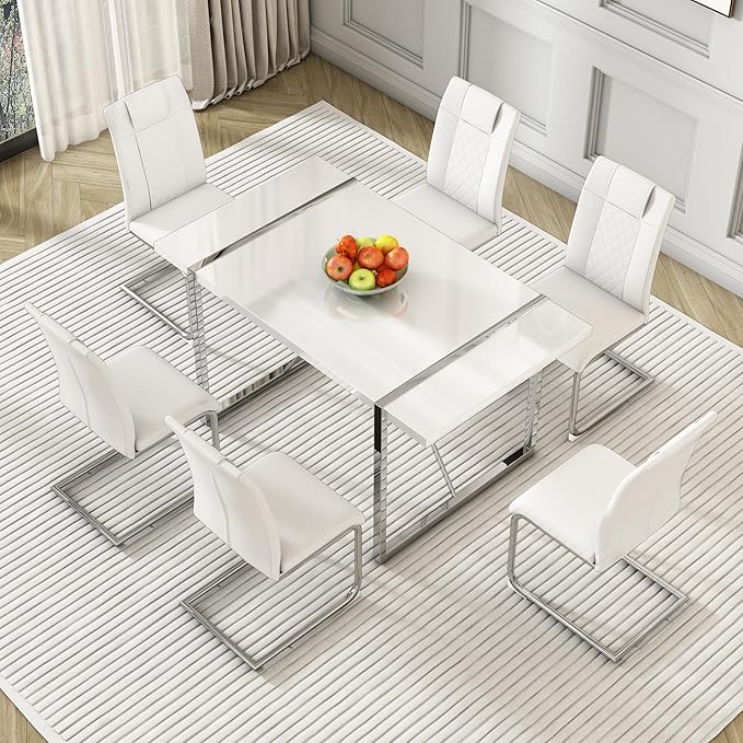 Dining Table Chairs Set for 6, Modern Rectangular Dining Room Table with PU Leather Upholstered Chairs 55" Dinner Table Set for Kitchen