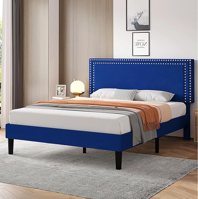 VECELO Queen Size Bed Frame with Adjustable Upholstered Headboard, Wooden Slats Platform, Noise-Free Design, Easy Assembly