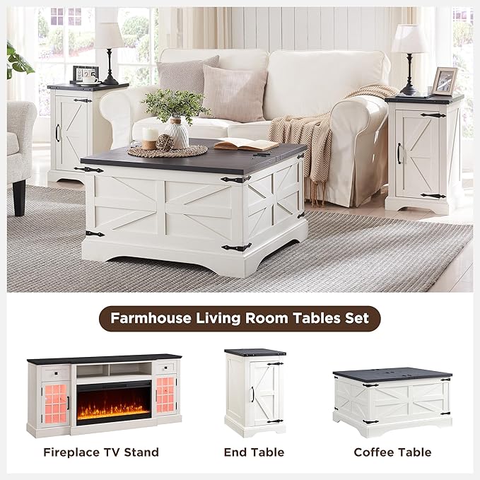 JXQTLINGMU Farmhouse Lift Top Coffee Table with Storage, 36" Wood Square Center Table with Large Hidden Compartment, Rustic Lift Tabletop Dining Table for Home Living Room, White