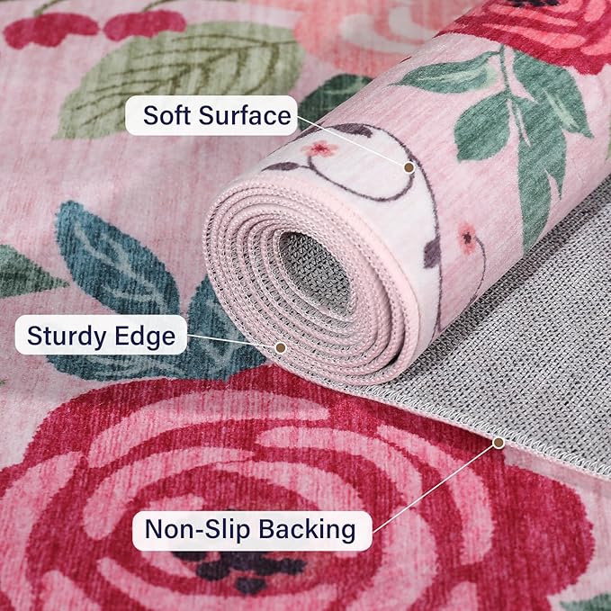 DUKINO 2x6 Kitchen Runner Rug for Hallway, Washable Runner Rug with Non Slip Backing, Low Pile Soft Boho Floral Carpet for Girls Room, Kitchen, Entryway, Laundry, Bedroom, Pink