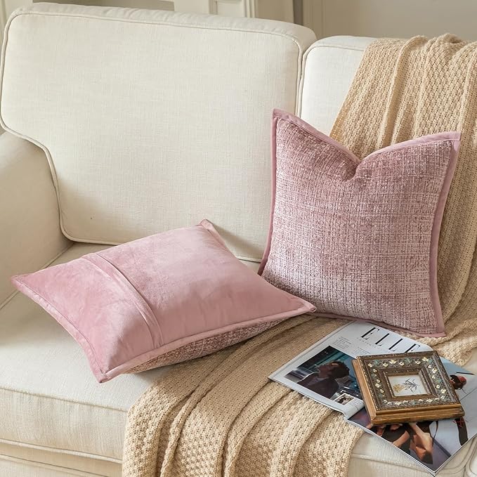 Yaertun Pack of 2 Chenille Textured Decorative Throw Pillow Covers Accent Solid Cushion Cover Soft Cozy Pillow Case with Velvet Back for Couch Sofa Bed Living Room 20x20 Inch Dusty Pink