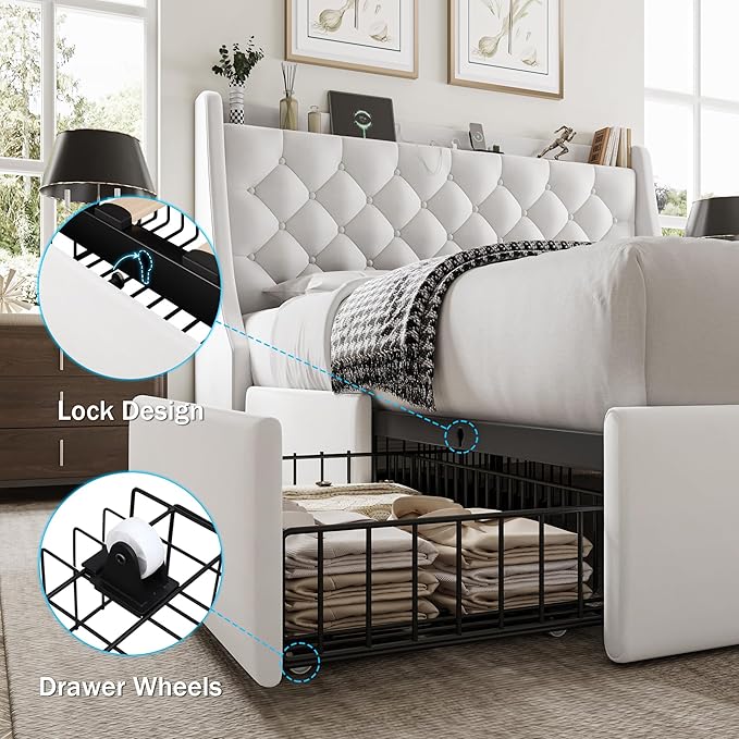 Queen Bed Frame with 4 Storage Drawers, Huge Upholstered Wingback Headboard, Fast Charging Station, No Box Spring Needed, Noise-Free, White