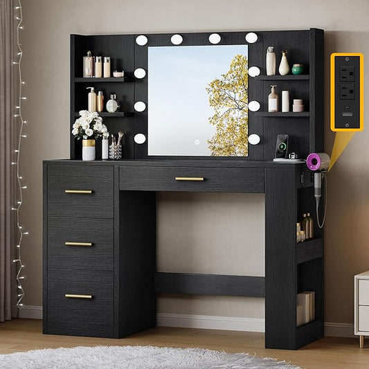 DWVO Vanity Desk with Mirror, Power Outlet and 10 Lights, Big Vanity Makeup Table with 4 Drawers and 8 Open Storage Shelves, 3 Color Modes Adjustable Brightness for Bedroom, Black