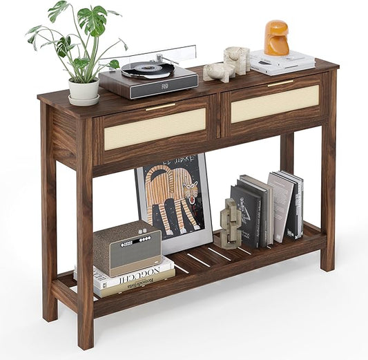Console Tables with 2 Drawers,Rattan Entryway Table with Storage Shelf,Wood Boho Foyer Tables for Entryway,Farmhouse Console Tables for Living Room,Hallway, Sofa Table,Study Or TV Wall