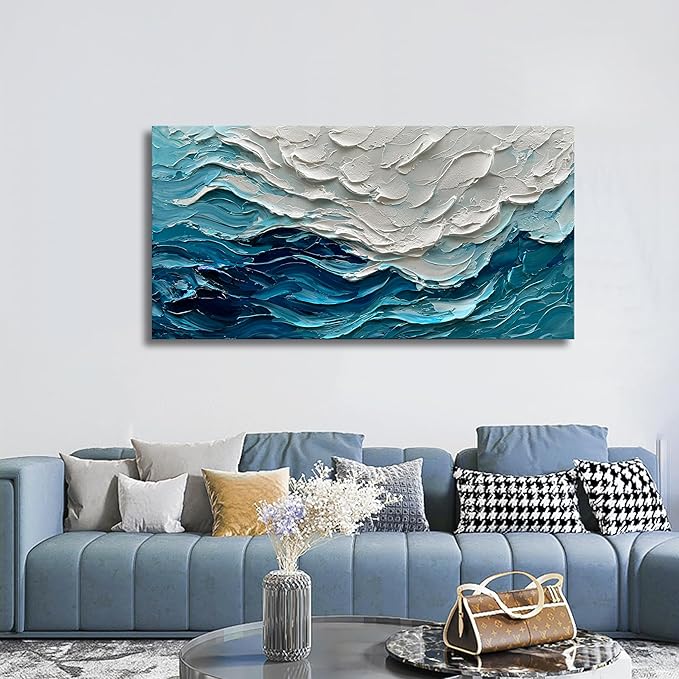 Art 24x48 inch Hand-Painted Blue Ocean Landscape Oil Painting Large Abstract Canvas Art Home Wall Decoration