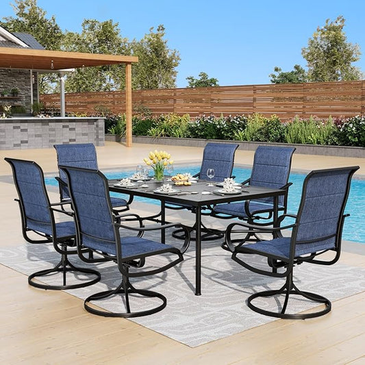 PHI VILLA 7 Piece Patio Dining Set, 6 Outdoor Swivel Dining Chairs with Blue Padded Textilene and 1 Large Metal Table(1.7''Umbrella Hole), Outdoor Dining Furniture Set for Lawn Garden Deck