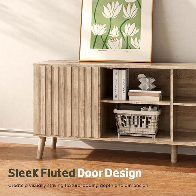 Mid-Century Modern TV-Stand - Fluted TV Stand for 80 75 65Inch TV, Entertainment Center with Storage, Media Console with Adjustable Shelves for Living Room, Oak