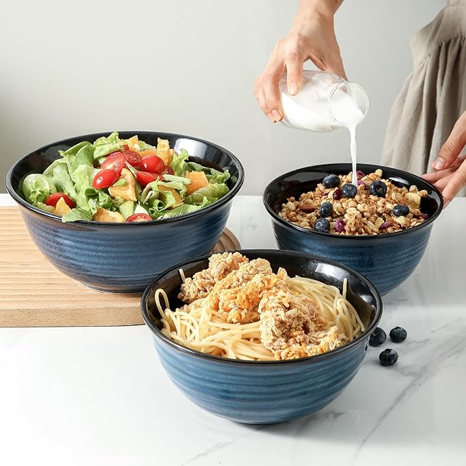 HASENSE Mixing Bowls, Ceramic Serving Bowls Set for Cooking, Baking, Prepping, Large Nesting Bowls for Salads, Fruit, Popcorn, 2.1/1.5/1.0 Qt, Dishwasher & Microwave Safe, Blue