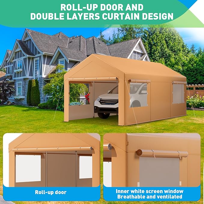 10X20 Ft Heavy Duty Carport Canopy, Portable Garage, Car Tents, Easy to Assemble, Reinforced Structure, with Hanging Edge, Applicable to Car, Bike, Boat, Party (Yellow)