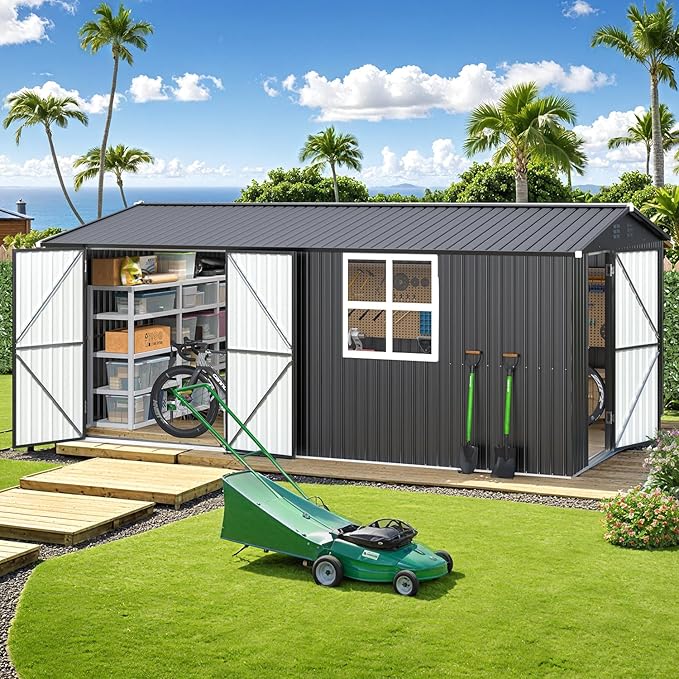 AECOJOY 16' x 12' Outdoor Storage Shed, Large Metal Sheds & Outdoor Storage Clearance 12x16 with Windows, Steel Backyard Shed, Utility Tool Storage for Garden, Patio, Outside use in Dark Grey