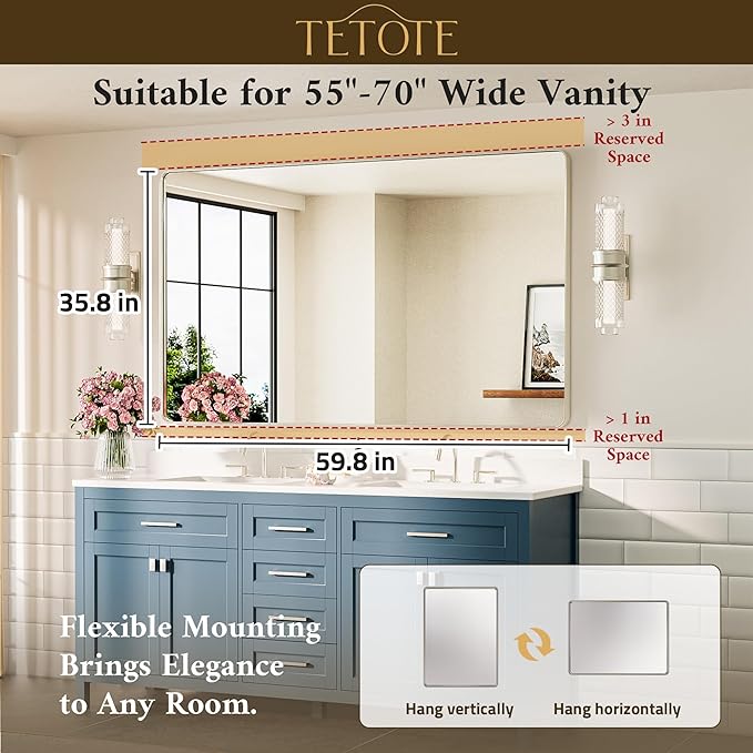 TETOTE 60 x 36 Inch Brushed Nickel Bathroom Mirror Metal Framed Bathroom Mirror, Tempered Glass, Modern Farmhouse Wall Mounted Mirror for Decorative(Horizontal/Vertical)