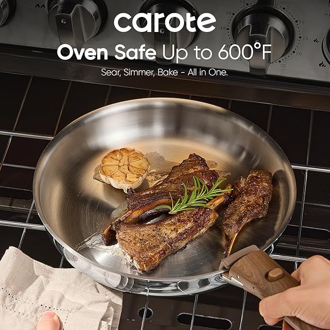 CAROTE 10pcs Stainless Steel Cookware Set with Detachable Handle, Pots and Pans Set, Induction Kitchen Cooking Sets, RV/Camping Cookware, Removable Handle, Oven Safe, Woodgrain