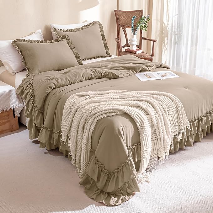QSH 3PCs Light Taupe Ruffled Comforter Set Queen Size,Shabby Boho Chic Bedding Comforter Sets Queen, Ultra Soft Farmhouse Lightweight Microfiber Inner Fill Bed Comforter Set
