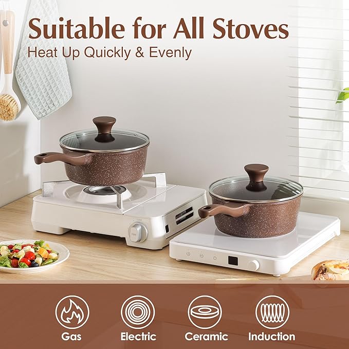 SENSARTE Saucepan Nonstick with Lid 1.5 Quarts Granite Coating Sauce Pot Small Kitchen Cooking Pot, Induction Comptable, Free of Intentionally Added PFOA