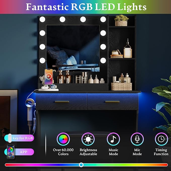 Makeup Vanity Desk with Mirror and Lights, Small Makeup Vanity Table Set with Drawers, Power Outlet & Storage Stool, White Vanity with 3 Lighting Modes LED for Women Girls Bedroom