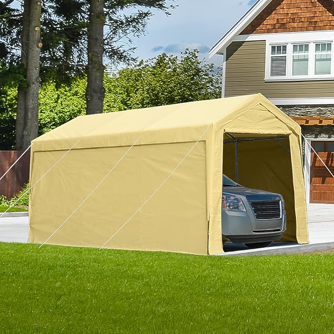 ADVANCE OUTDOOR 12x20 ft Heavy Duty Carport Garage Shelter, Adjustable Height (6.5-11ft) Waterproof Canopy with Removable Sidewalls for Cars, RV, Boat, Truck, Party - Beige