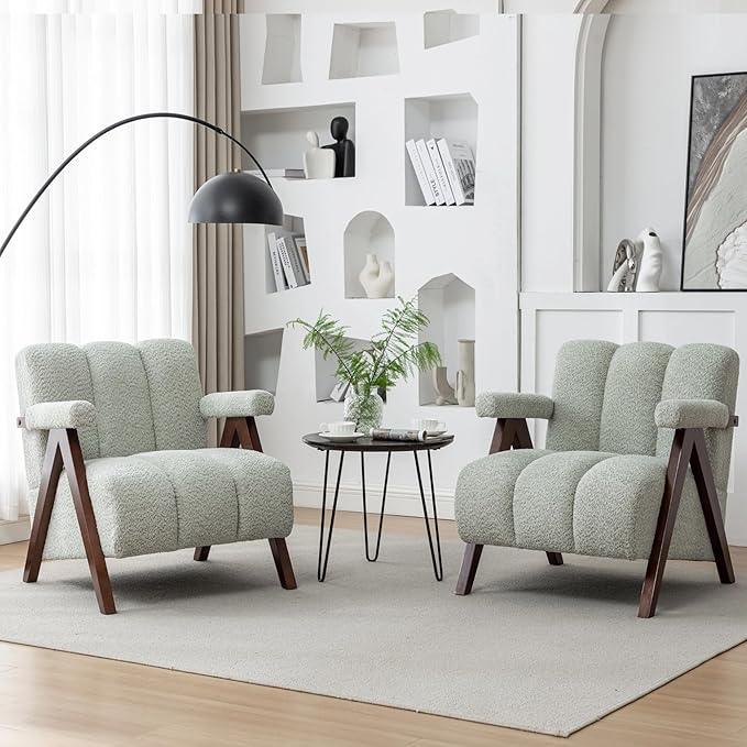 Mid Century Modern Accent Chairs Set of 2 with Solid Wood Frame, Boucle Upholstered Living Room Chairs with Thick Cushion, Comfy Tufted Arm Chair for Bedroom, Sage