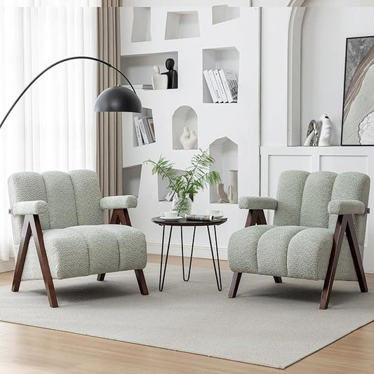 Mid Century Modern Accent Chairs Set of 2 with Solid Wood Frame, Boucle Upholstered Living Room Chairs with Thick Cushion, Comfy Tufted Arm Chair for Bedroom, Sage