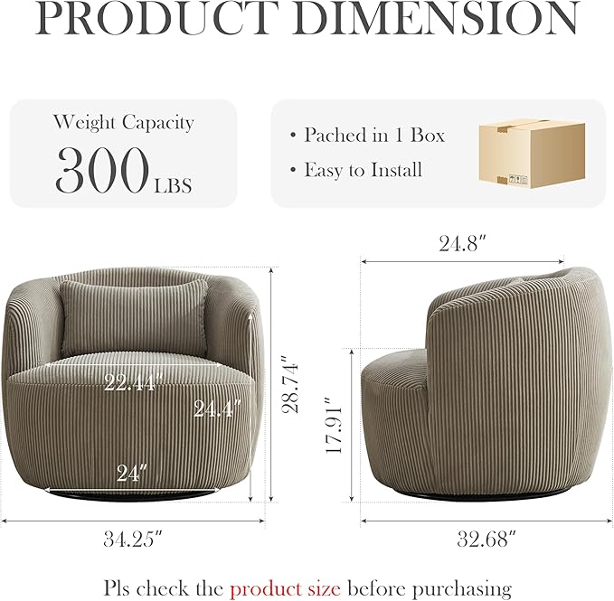 Aoiy & Wifon 34.25" W Swivel Barrel Chair, Upholstered Round Small Accent Chair, Single Comfy Barrel Chair for Living Room, Corduroy, Light Gray