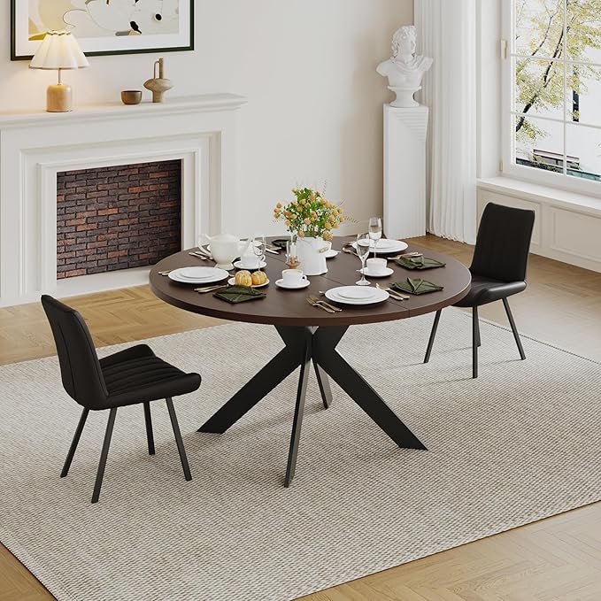 45.3" Walnut Round Dining Table Set with 2 Chairs – Mid-Century Modern Small-Space Kitchen & Dining Room Furniture for Apartment or Breakfast Nook (Walnut – Table + 2 Black Chairs)