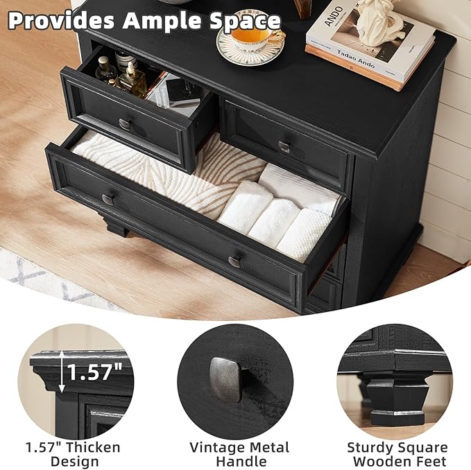 Farmhouse 5 Drawer Dresser for Bedroom, 32.6 Inch Tall Vintage Wood Chest of Drawers, Rustic Small Dressers w/Square Solid Wooden Legs, Mid-Century Storage Organizer for Living Room, Black