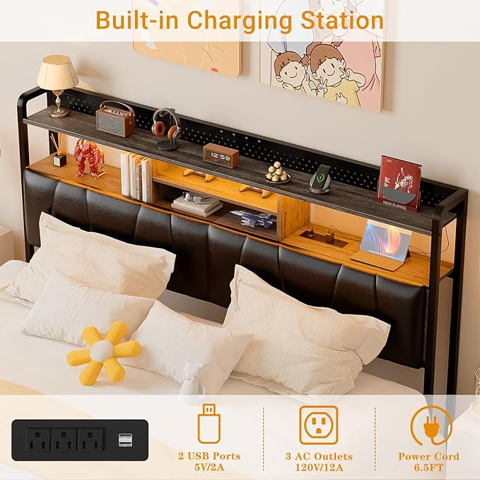 Unikito Headboard for King Size Bed Frame, Upholstered Head Board with Outlets, USB Ports and LED Light, Comfortable Leather Headboards with Storage Shelf, Sturdy King Bed Headboard Only, Black Oak