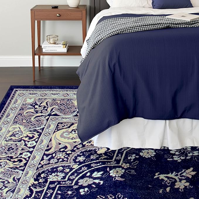 Vintage Area Rug 5x8 Rugs, Machine Washable Vintage Area Rug Non-Slip Low Pile Large Rug for Living Room, Bedroom, Farmhouse, Dining Room, Navy Blue