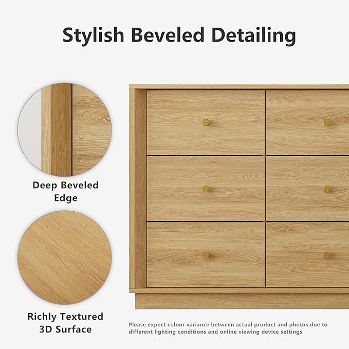 9 Drawer Dresser, Mid Century Modern Dresser with Storage, 55" Wide Chest of Drawers with Wood Grain Texture, Drawers Organizer for Bedroom, Living Room, Hallway, Gold Oak