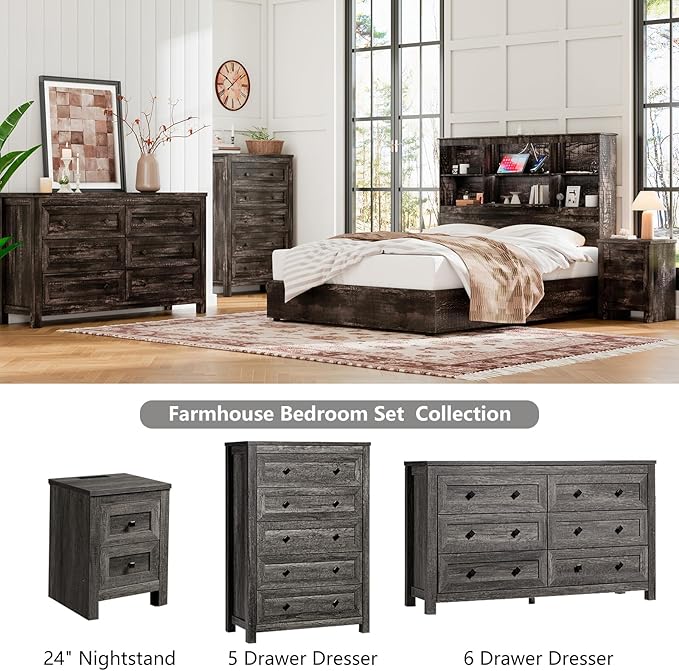 Farmhouse 5 Drawers Dresser, Wood Rustic Chest of Drawers for Bedroom, Tall Dressers Organizer with Metal Handles, 5 Drawers Chest for Living Room, Hallway, Entryway, Grey