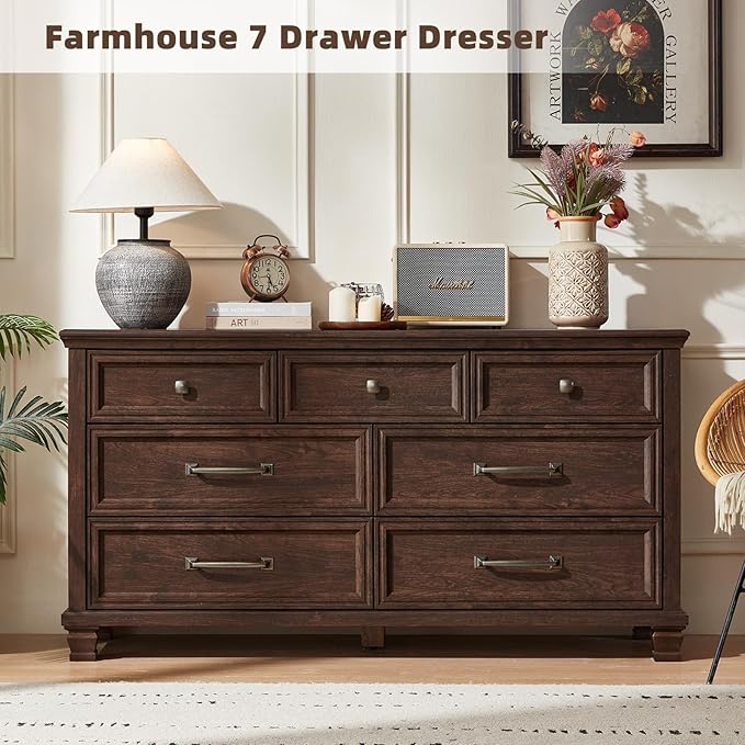 Farmhouse 7 Drawer Dresser for Bedroom, 54” Wide Dresser for Closet, Large Rustic Wooden Dressers, Chest of Drawers for Bedroom, Living Room, Entryway, Walnut