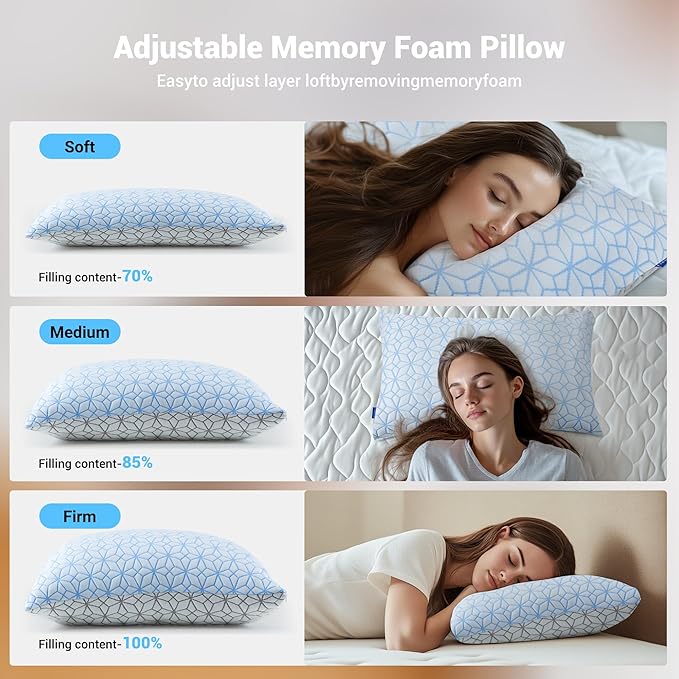 puredown Pillows Queen Size Set of 2, Cooling Pillow Queen Size 2 Pack, Adjustable Shredded Memory Foam Pillows for Side Back Stomach Hot Sleepers, Ice Blue