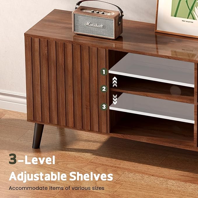 Mid-Century Modern TV-Stand - Fluted TV Stand for 80 75 65Inch TV, Entertainment Center with Storage, Media Console with Adjustable Shelves for Living Room, Walnut