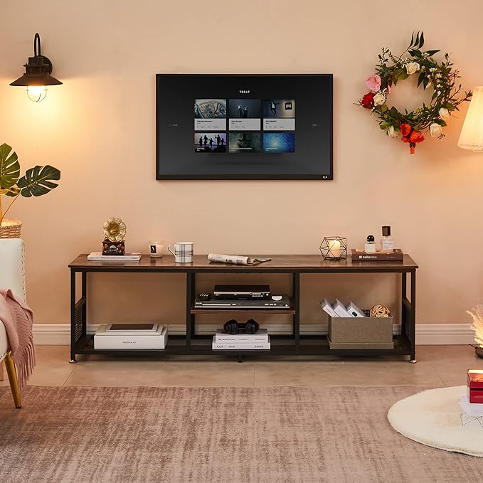 VECELO Industrial TV Stand for Televisions up to 70 Inch, 62" Entertainment Center with Open Storage Shelves for Living Room/Bedroom, 3 Tiers Media Console Table with Metal Frame, Brown, 62 Inches