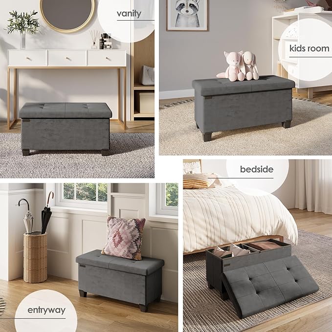STORAGEBUD Storage Ottoman Bench with Bins, 30-in Storage Bench for Bedroom End of Bed, Folding Foot Rest Ottoman for Living Room Max 660lbs, Velvet Ottomans, Grey