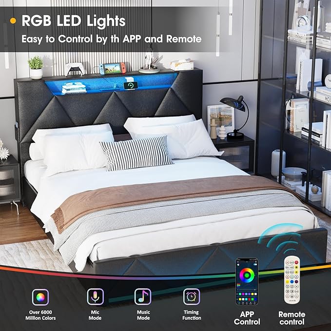 Vabches Queen Bed Frame with Storage Headboard and 4 Drawers,Upholstered Platform with Charging Station and Led Lights,Adjustable Headboard with Pu Leather,No Box Spring Needed,Black