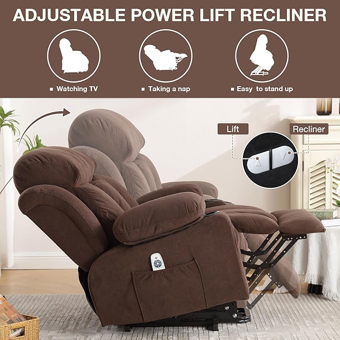 Power Lift Recliner Chair for Elderly with Vibration Massage and Lumbar Heating Electric Oversized Single Sofa with Cup Holder and USB Charge Port for Living Room