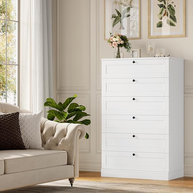 HOSTACK White 6 Drawer Dresser for Bedroom, 52" Tall Dresser & Chest of Drawers, 29" W Wood Drawer Chest, Modern Vertical Storage Cabinet for Living Room, Entryway, Hallway