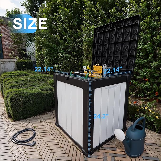 50 Gallon Outdoor Deck Box,Storage Lockable Waterproof Patio Furniture,Garden Tools,Cushions,Pool Accessories Outside Storage Resin Box(Black&White)
