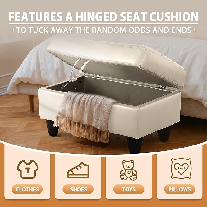 Ottoman Rectangular Storage Ottoman Bench, Faux Leather Footrest, Coffee Table, Stool Footstool with Hinged Lid for Living Room, Bedroom, Entryway, Champagne, 35"x23.5"x17.5"