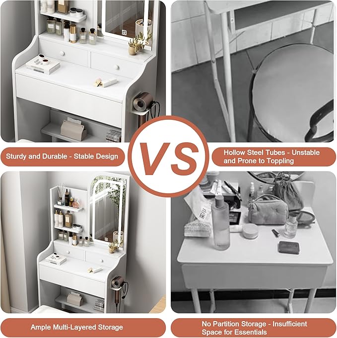 Vanity Desk with Mirror and Lights, Stylish White Desk with 3-Color Adjustable Lighting Dressing Table, Dressing Table Set for Bedroom Storage, Makeup & Hair Styling