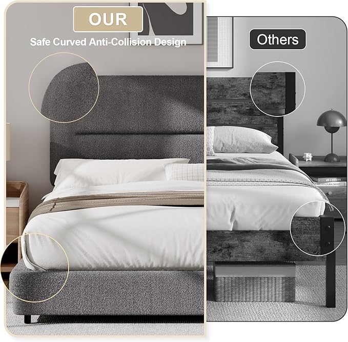 King Size Bed Frame, Boucle Upholstered Bed Frames and Headboard, Soft Bed Frame King with Thickened Footboard, Rounded Corners, No Box Spring Needed, Easy Assembly, Grey